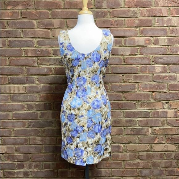 Philosophy Sheath Floral Tank Dress Tan/Blue Size 8 - Picture 3 of 10